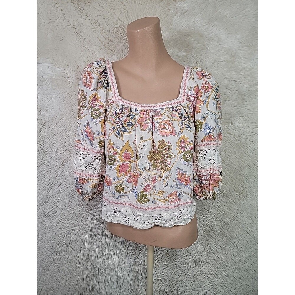 Christian Siriano New York Cropped Blouse Size Small Linen Floral Peasant Boho J